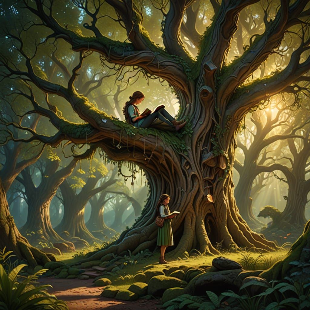 Woman Reading Under Ancient Tree in Ethereal Glow