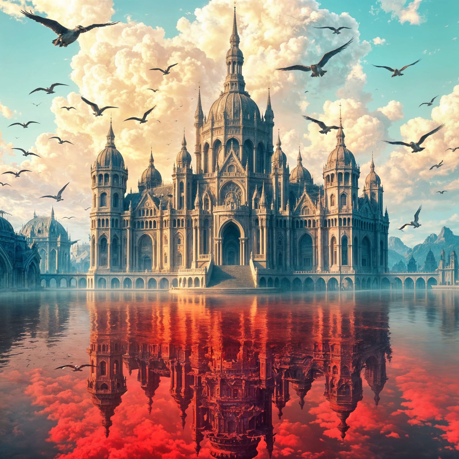 Majestic Palace Reflected in Red Lake: Digital Matte Paintin...