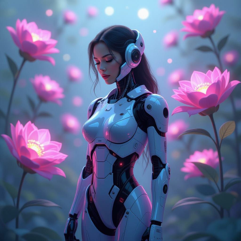 Cyborg in Bioluminescent Alien Flower Garden
