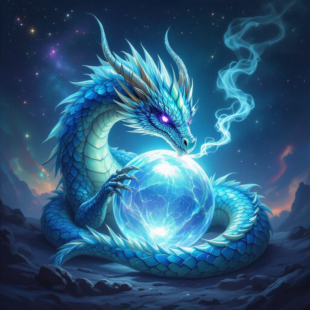 Glowing Ethereal Dragon Coiled Around Crystal Orb