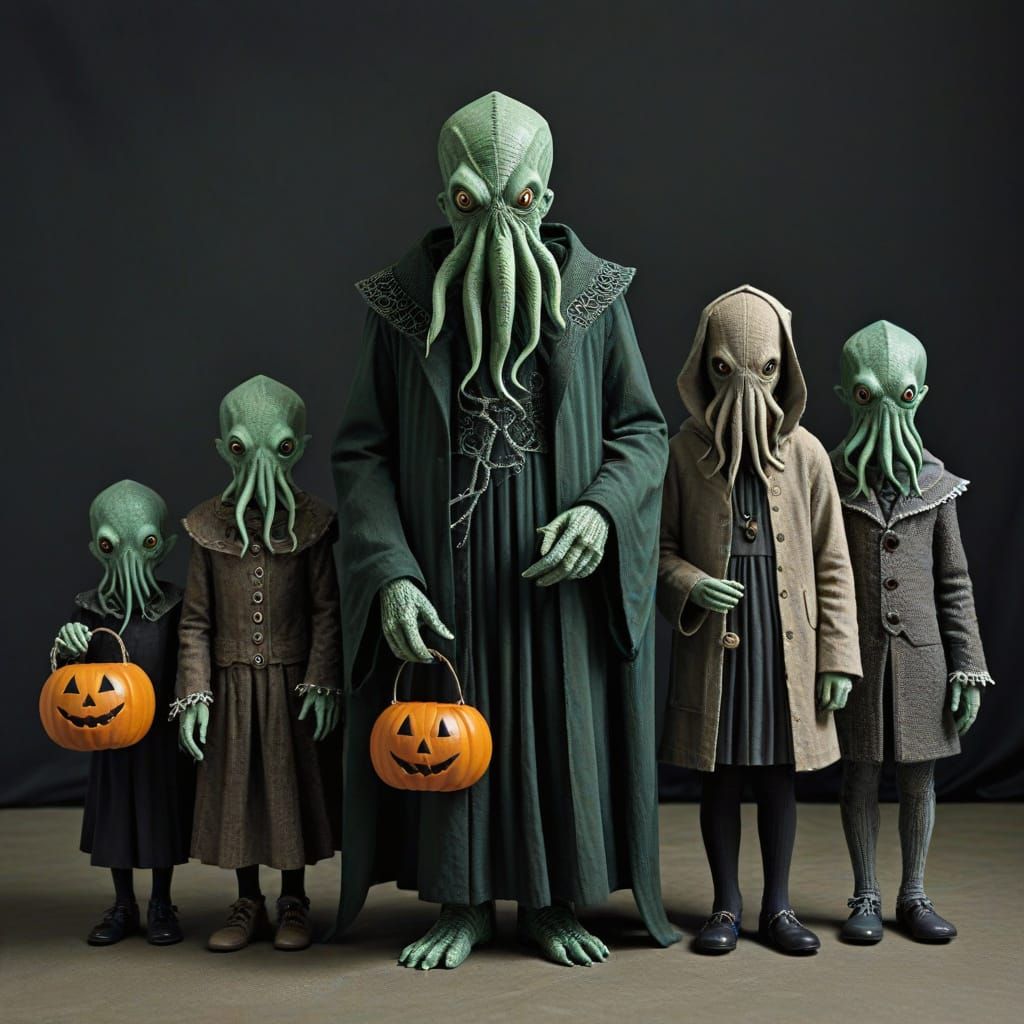 Cthulhu Family Trick-or-Treating in Halloween Costumes