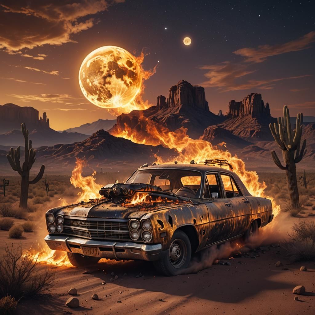 Ghost Car Ablaze in Arizona Desert Landscape