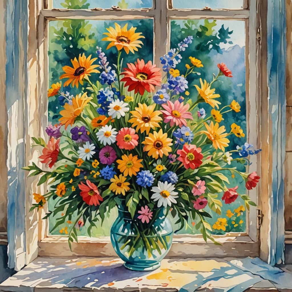 Summer Bouquet on Window in Gouache Watercolor Style