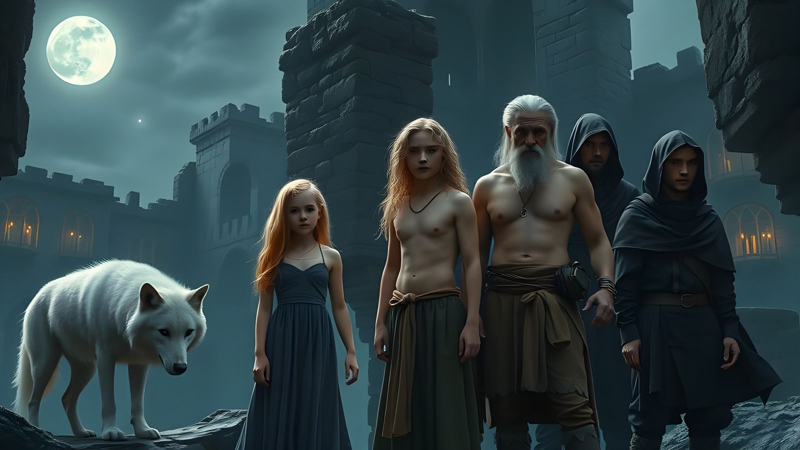 Mystical Ruin City at Night, Medieval Fantasy Scene