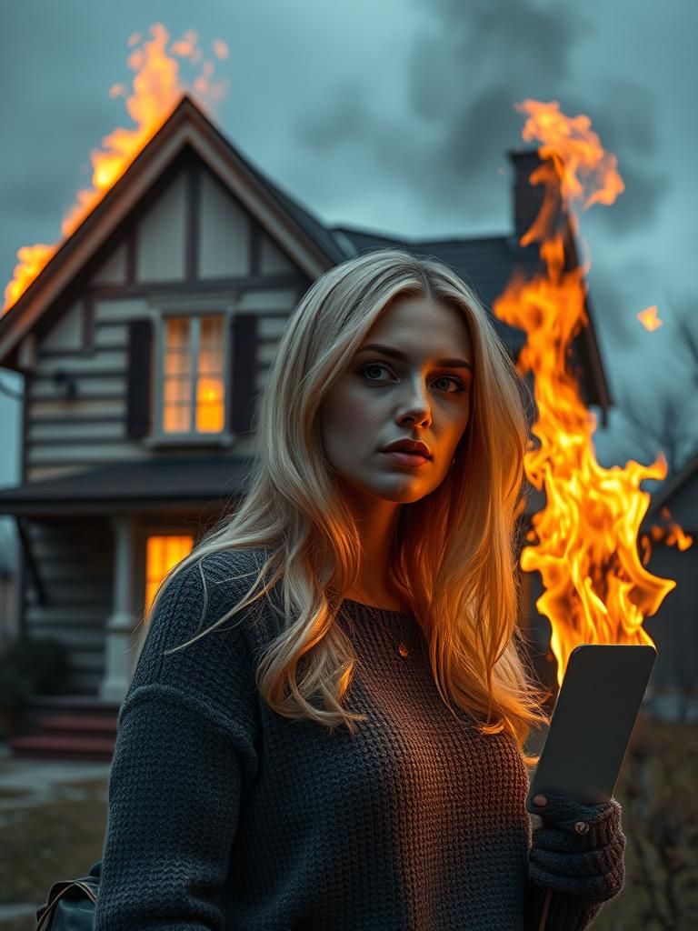 Blonde Woman Burns House and Letters: Photorealistic Image