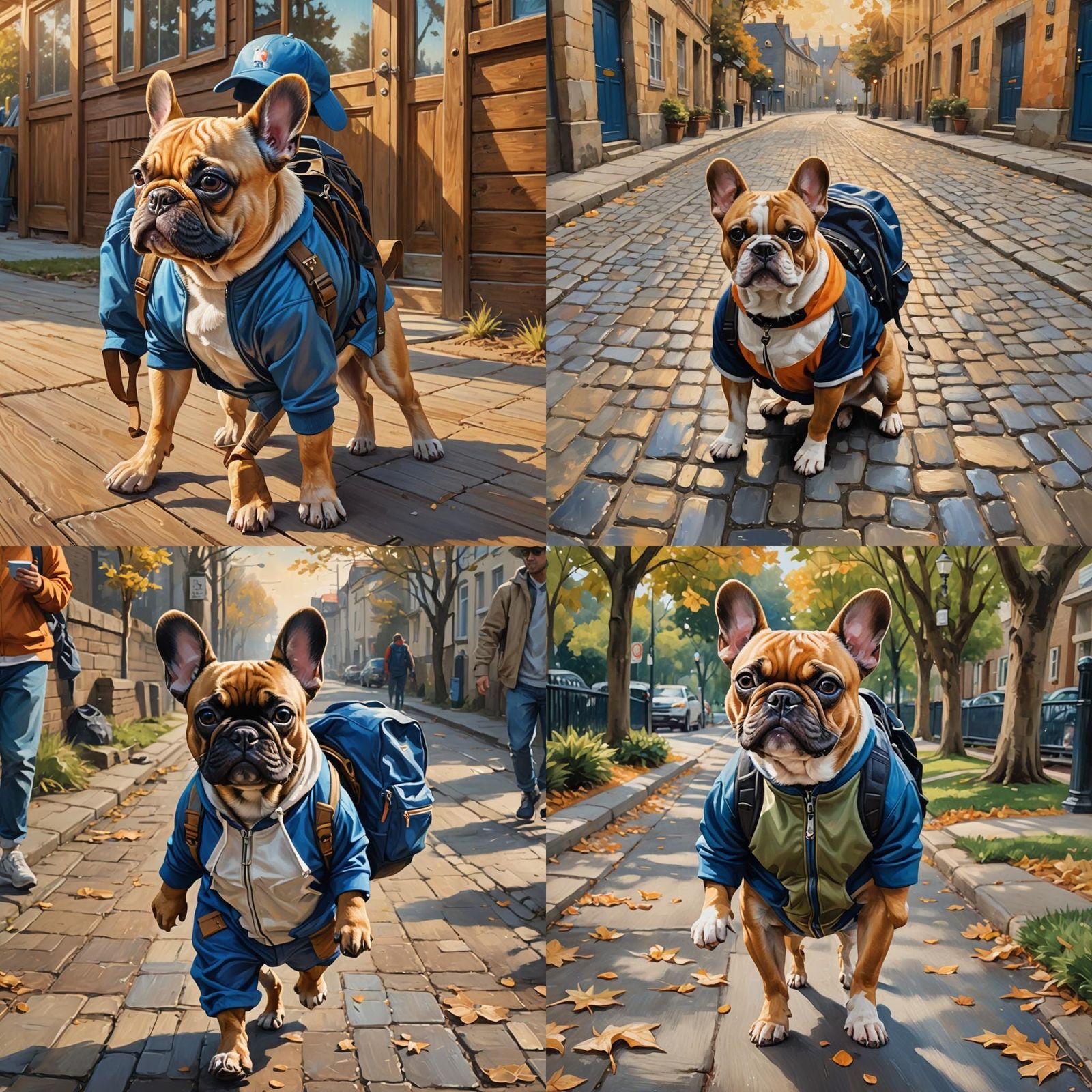 French Bulldog Walks to School: Oil Painting