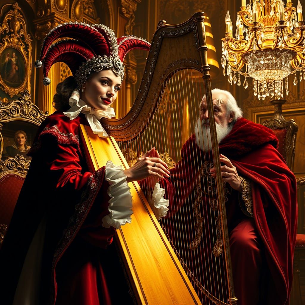 Jester playing harp in Royal court, the old King   amazed perfect