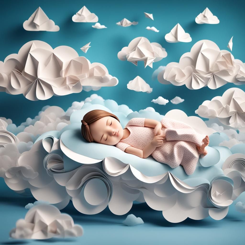 Girl Sleeping on Clouds in Origami Style