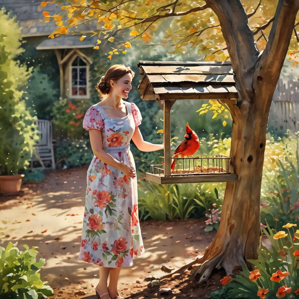 Whimsical Watercolour: Lady Watching Cardinals at Bird Feede...
