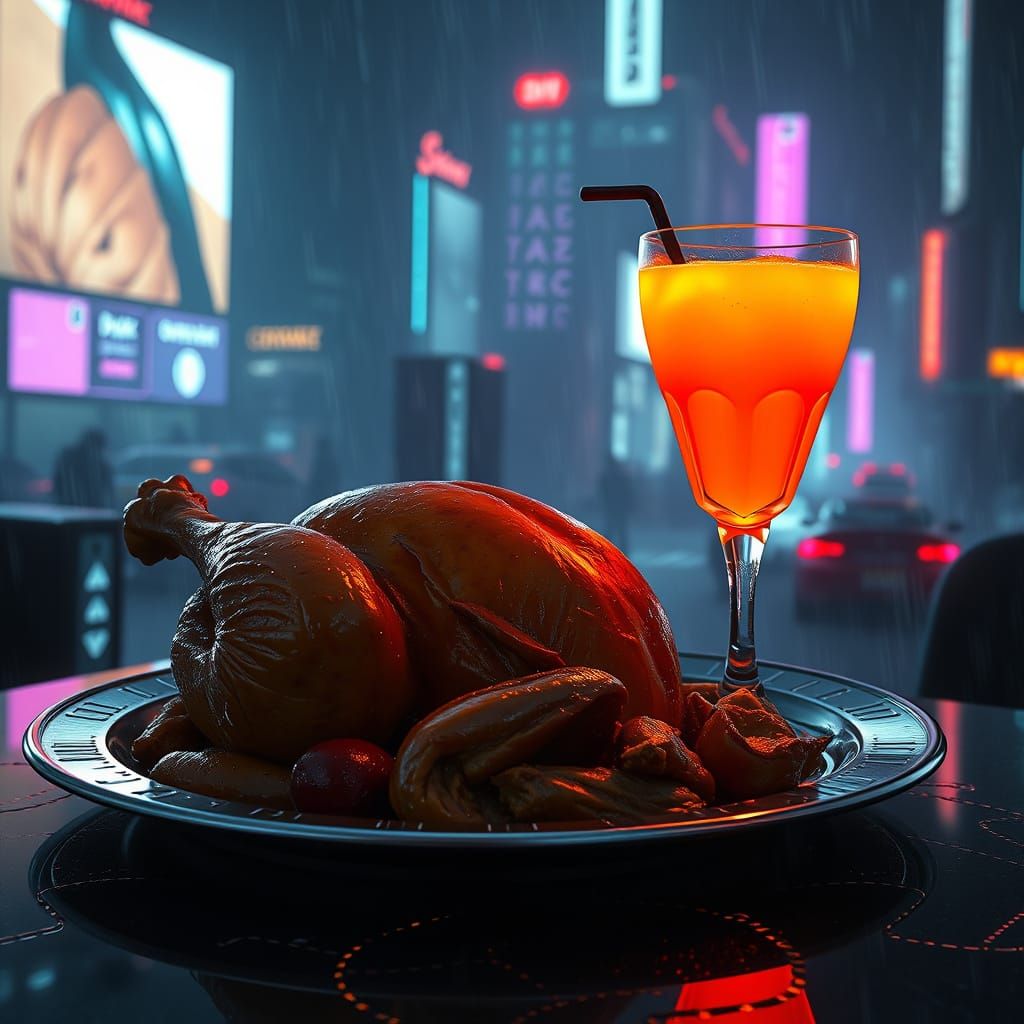 Cyberpunk Turkey Dinner with Neon Pumpkin Drink