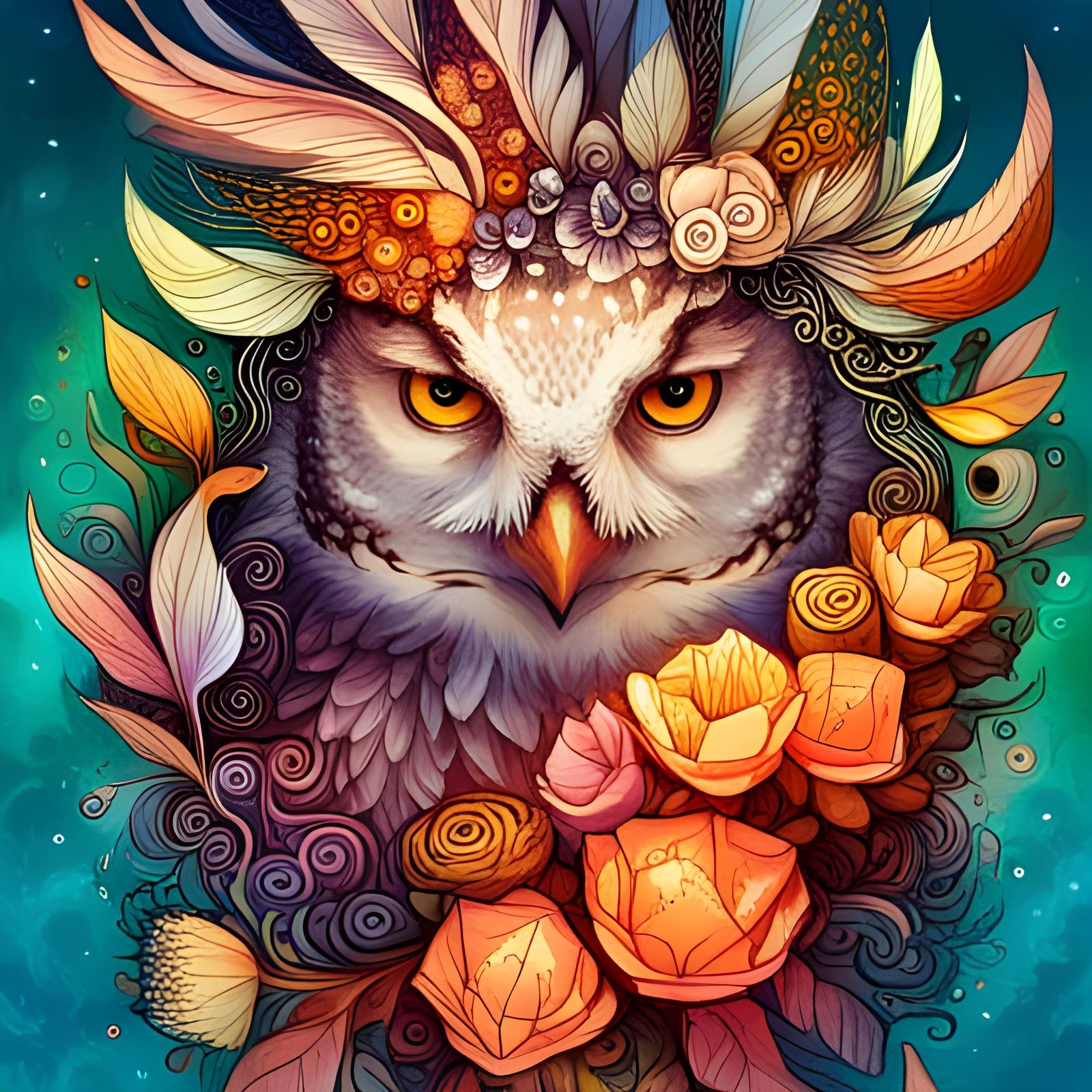 Fluffy Owl Among Colorful Flowers in Fantasy Style
