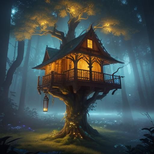 Fantasy Treehouse in Moonlight, Digital Art