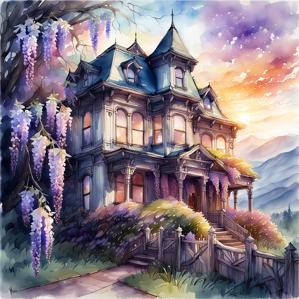 Victorian House with Wisteria in Watercolor Style