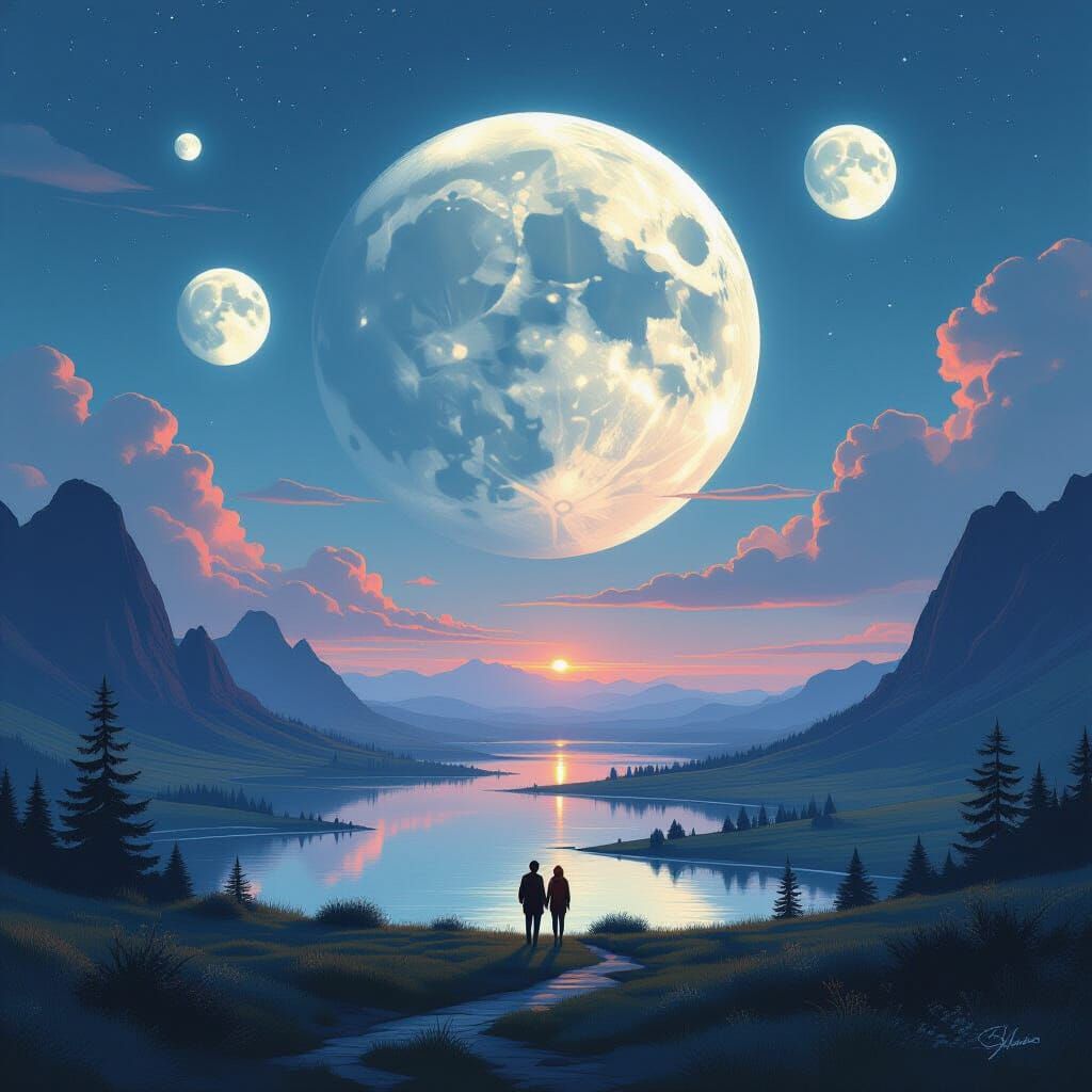 Mystical Earth with Four Moons, Sci-Fi Art