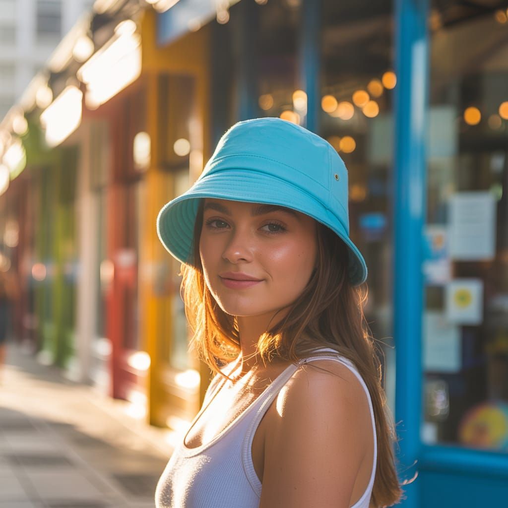 Woman in Blue Bucket Hat on Sunny Day