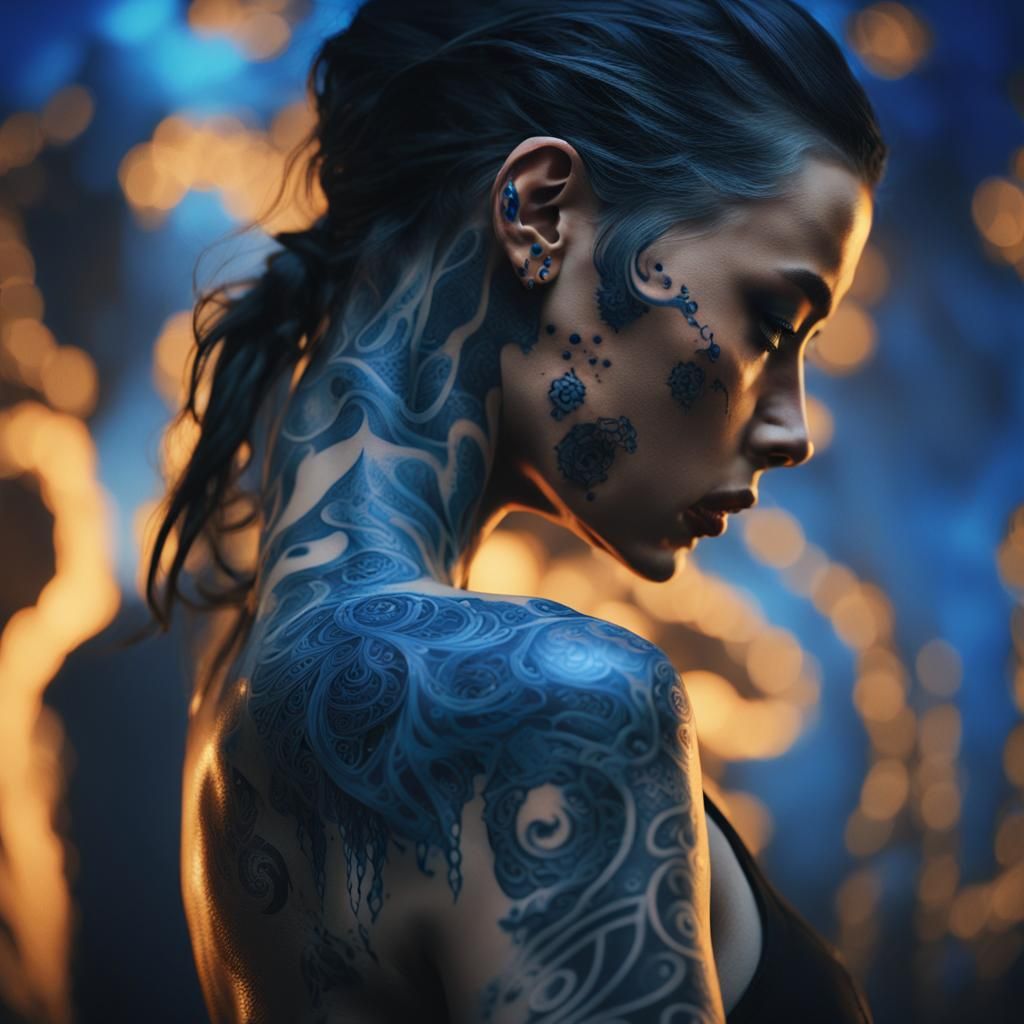 Woman with Glowing Blue Tattoos: Digital Matte Painting