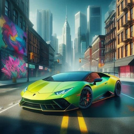 Sleek Lamborghini Speeds Down a Neon-Lit Road in Hyper-Reali...