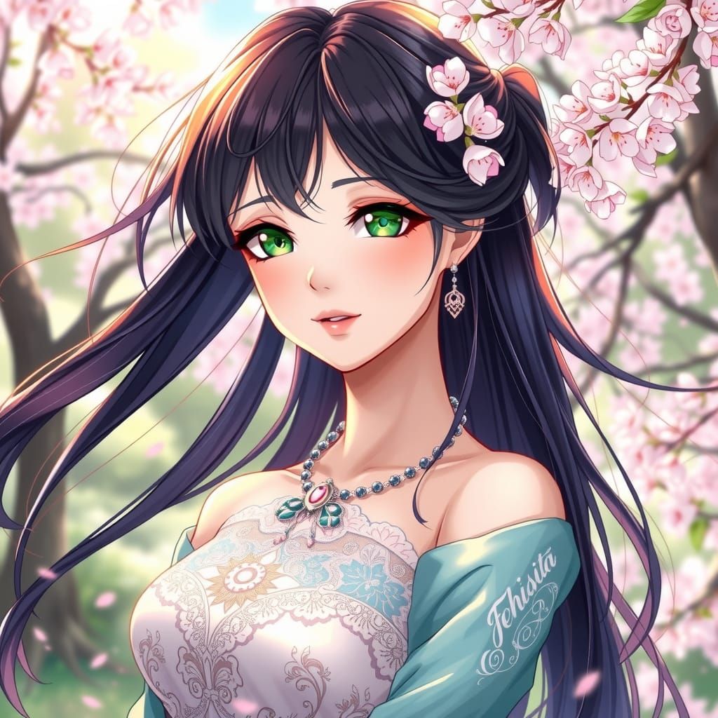Anime-Inspired Beauty in a Lush Cherry Blossom Park