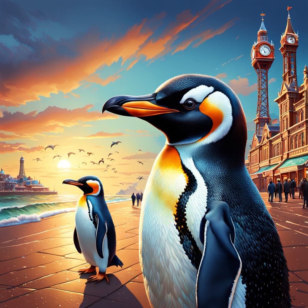 A group of penguins visiting Blackpool Tower on their holiday Hyperrealistic, splash art, concept art, mid shot, intrica...