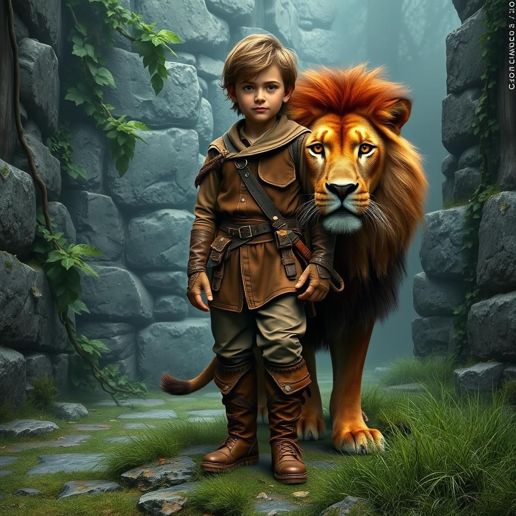 Boy Adventurer with Lion: Detailed Matte Painting