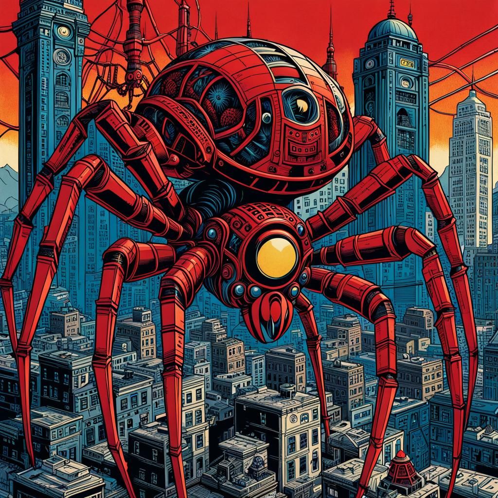 Menacing Mechanical Spider Suffocates City: Pulp Art