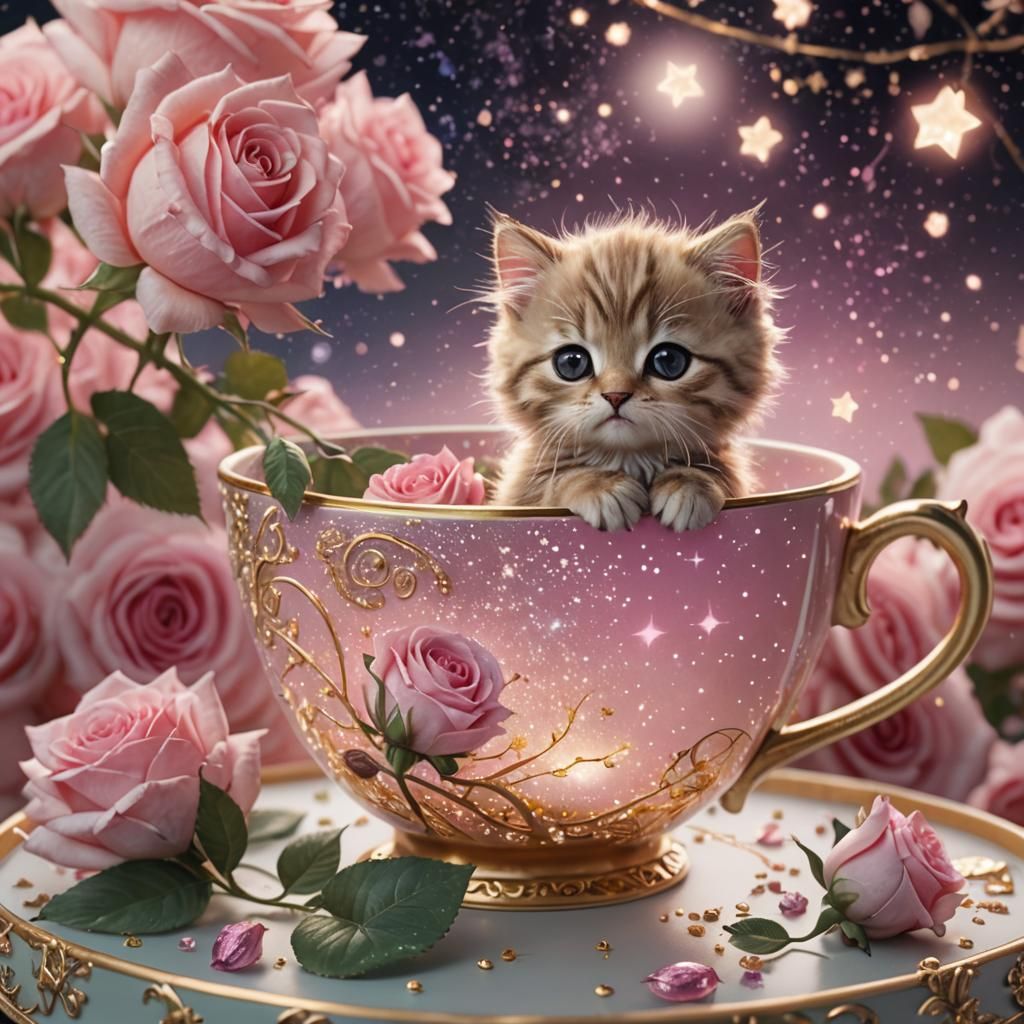 Chibi Kitten in Teacup with Rose Constellations