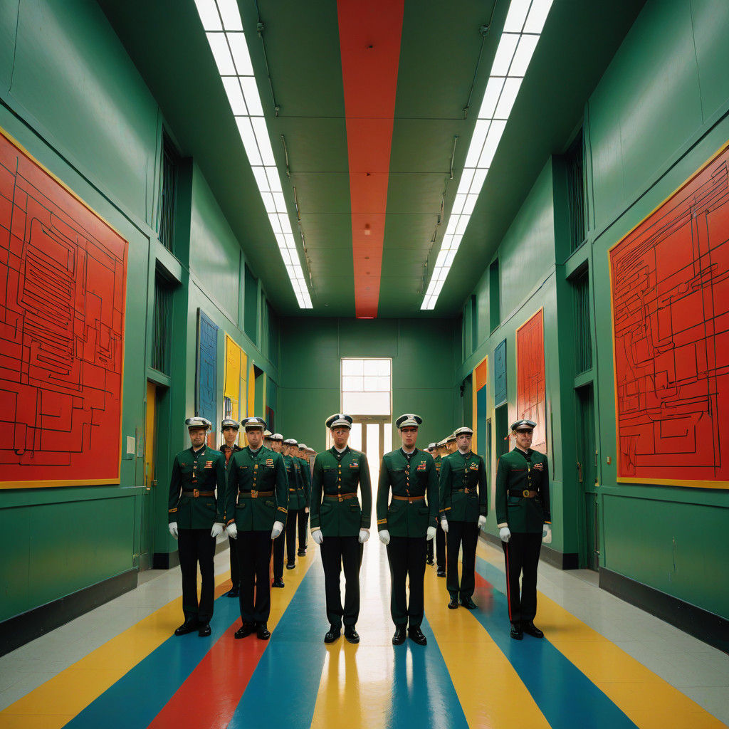 Futuristic US Army Cadets Stand at Attention in a Modern Bau...