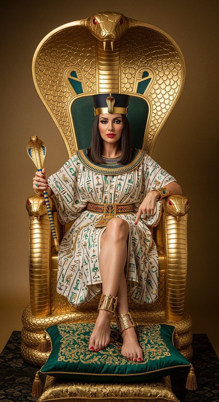 Egyptian Queen on Golden Cobra Throne in Portrait Photograph...
