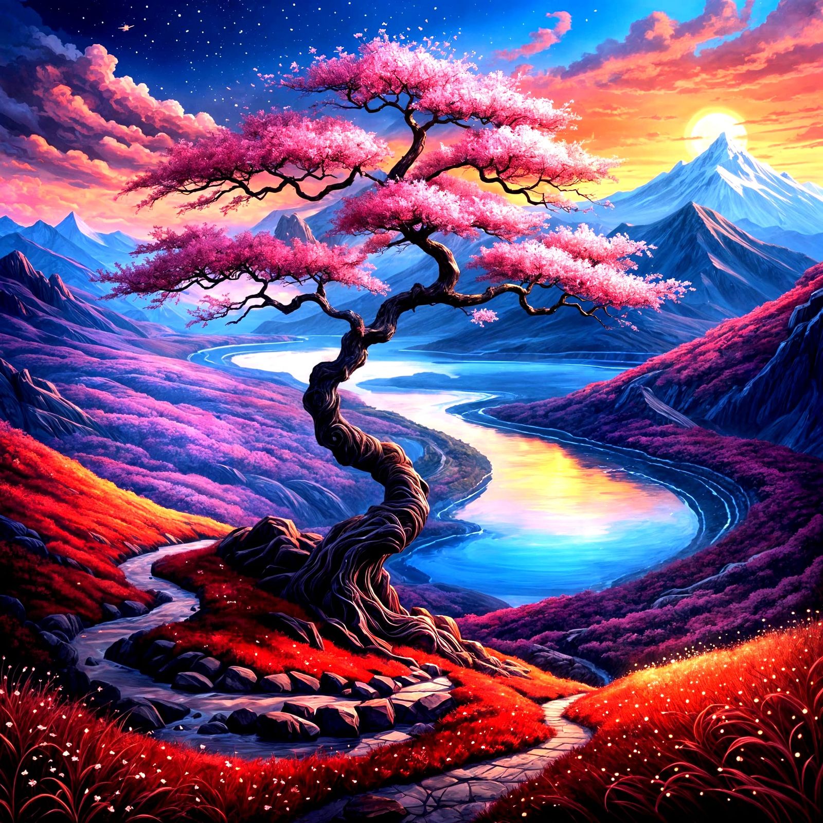 Cherry Blossom Tree in a Fantastical Landscape