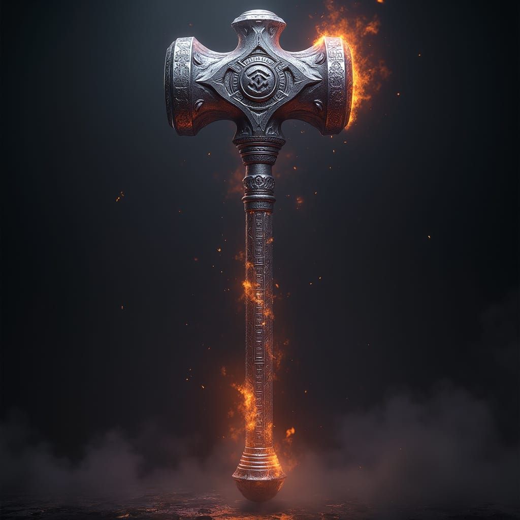 Epic Dark Fantasy Battle Hammer with Fiery Aura