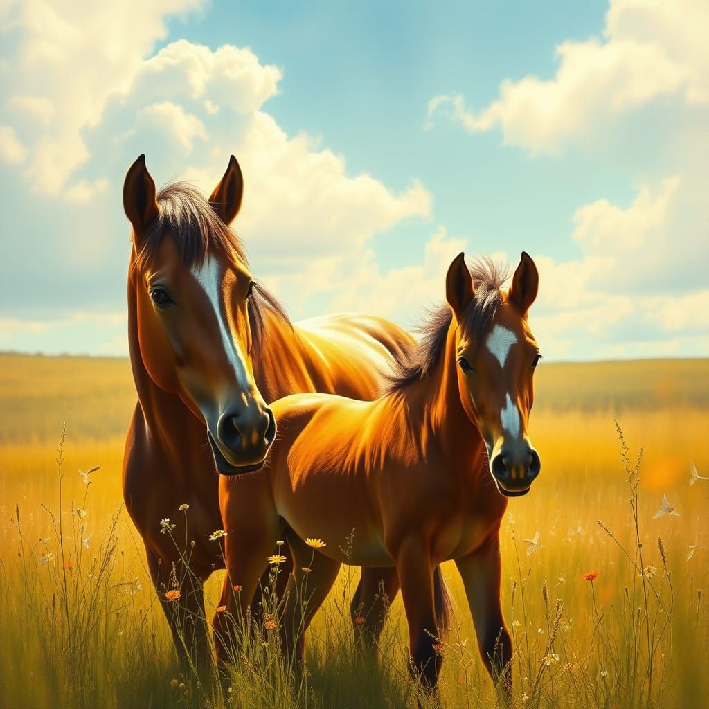 Mother Horse Grazes with Foal in Serene Meadow Landscape