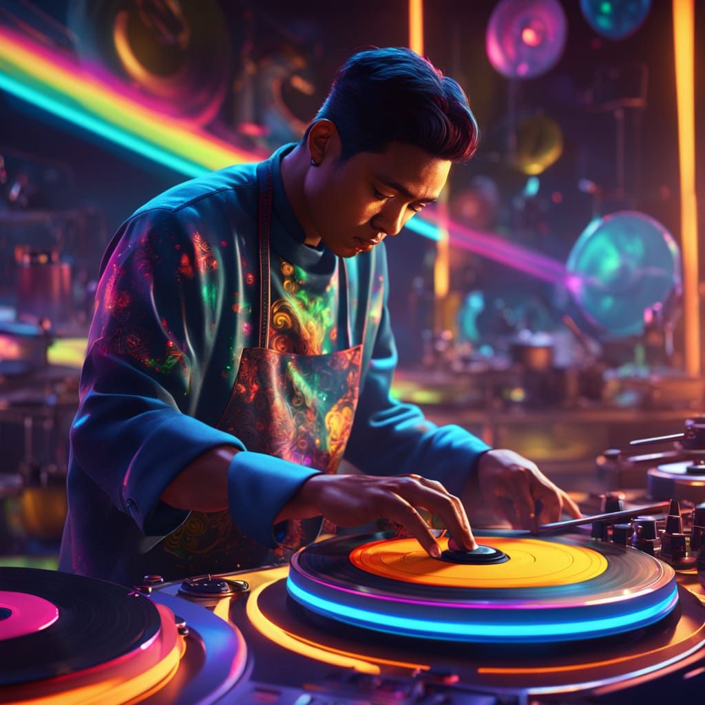 Filipino Chef Mixing Records in Neon Glow