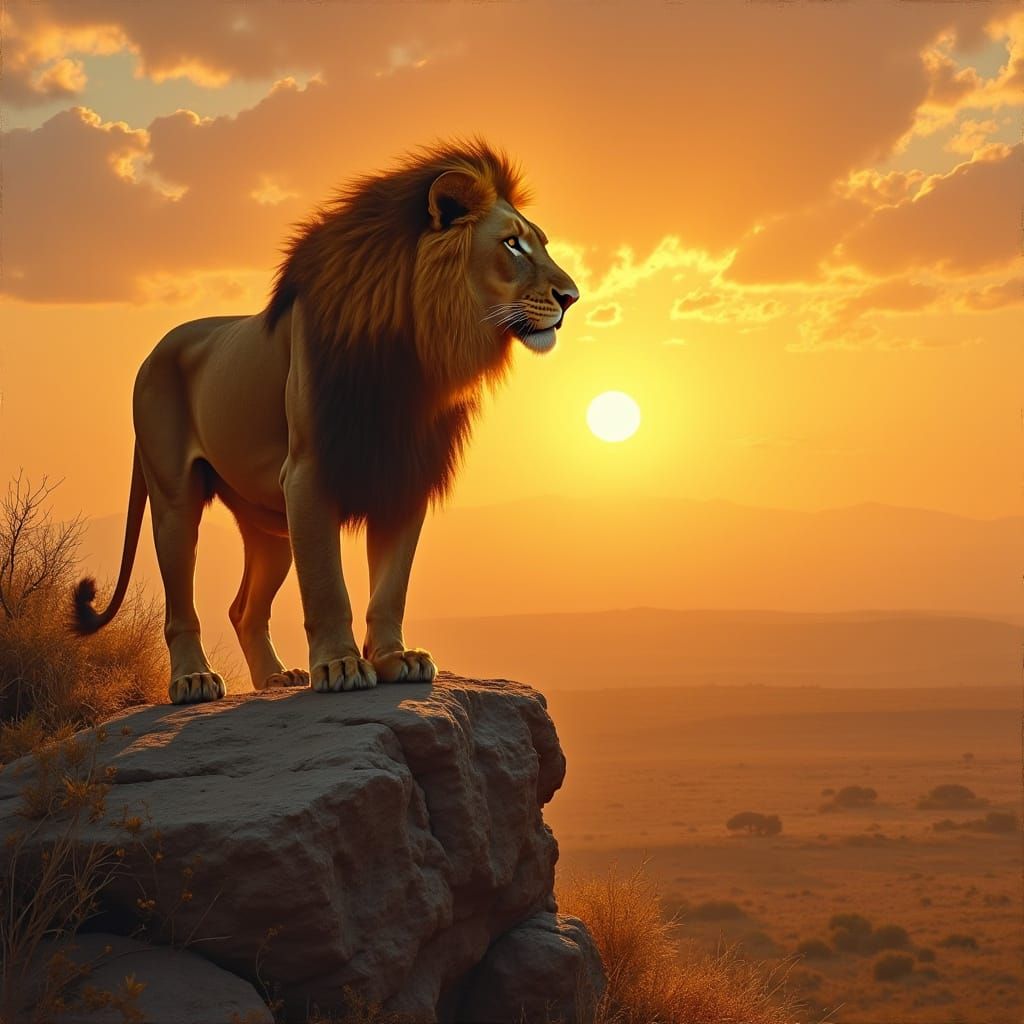 Majestic Lion in Warm Sunset Savanna Landscape