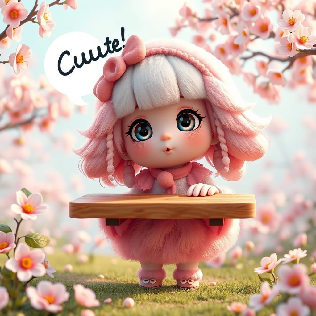 Cute Fluffy Character with Table in Whimsical Wonderland