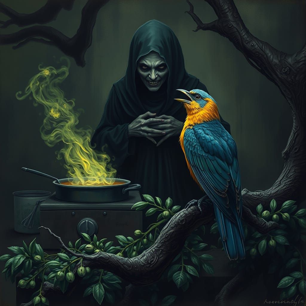 Dark Fantasy Juniper Tree Scene in Surrealist Style