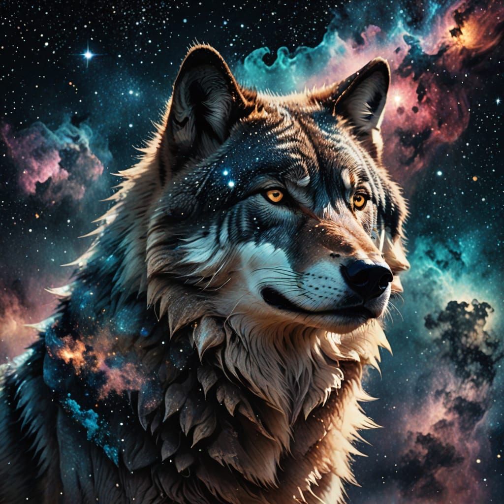 Majestic Wolf Surrounded by Swirling Galaxy in Double Exposu...