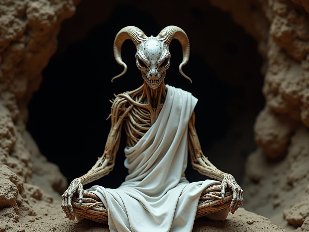 Melancholic Alien Meditates in Detailed Cave