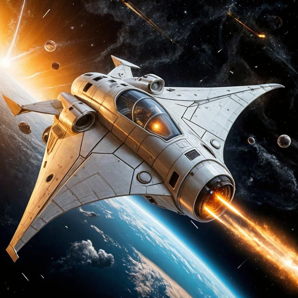Futuristic Manta Ray Rocket Ship in Deep Space