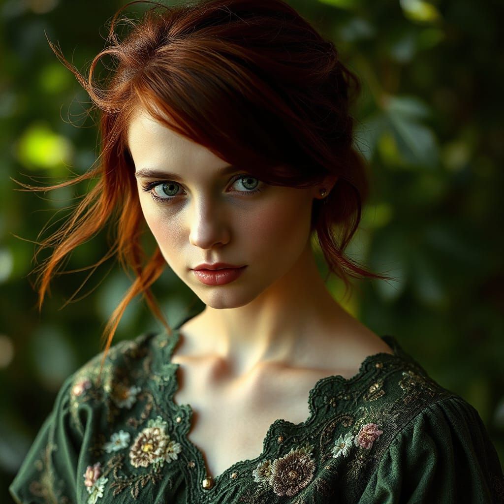Ethereal Portrait of Young Woman in Forest Green Gown