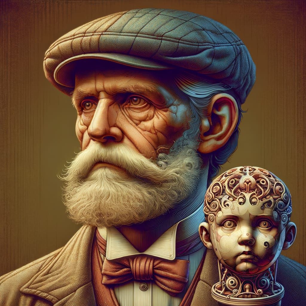A frightened 80 year old Victorian man wearing a cap and holding a shrunken head in his veined old hands.