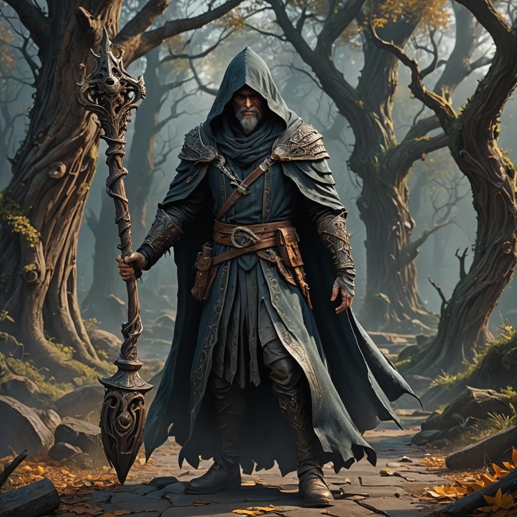 High Fantasy Wizard with Carved Cane