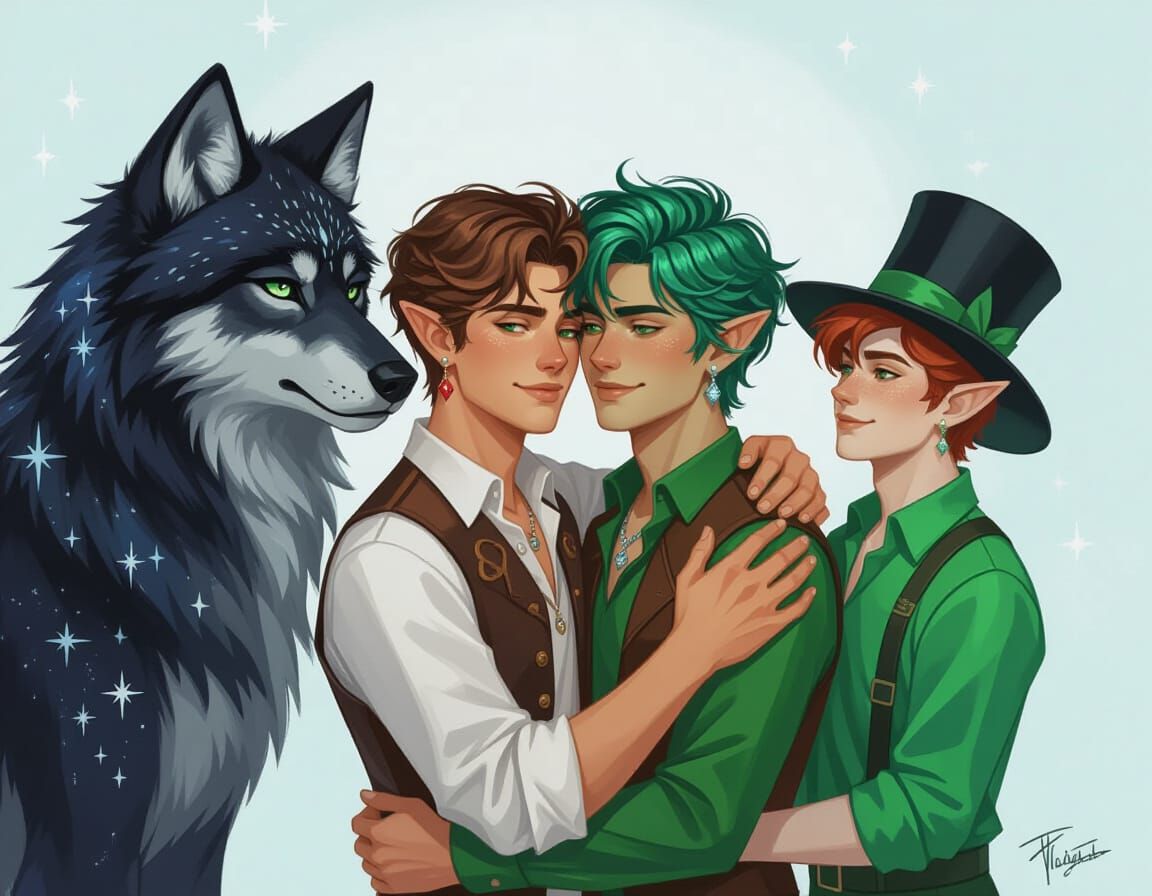 Young Men Embrace with Wolf and Pixie in Fairytale Style