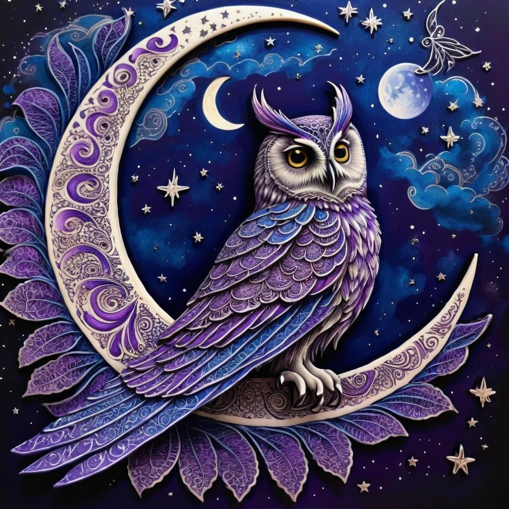 Henna Ink Fairy Owl Soaring in Moonlight