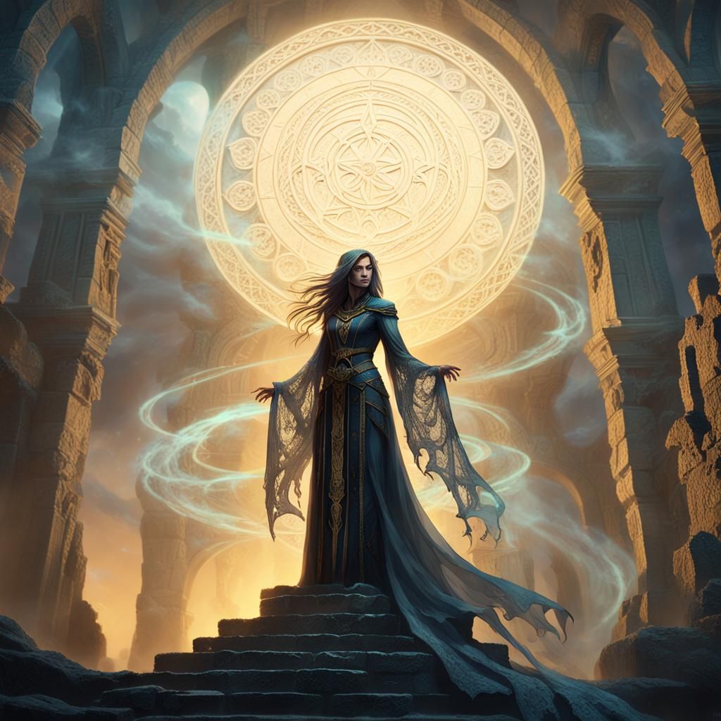Haunting Sorceress in Dark Fantasy Landscape
