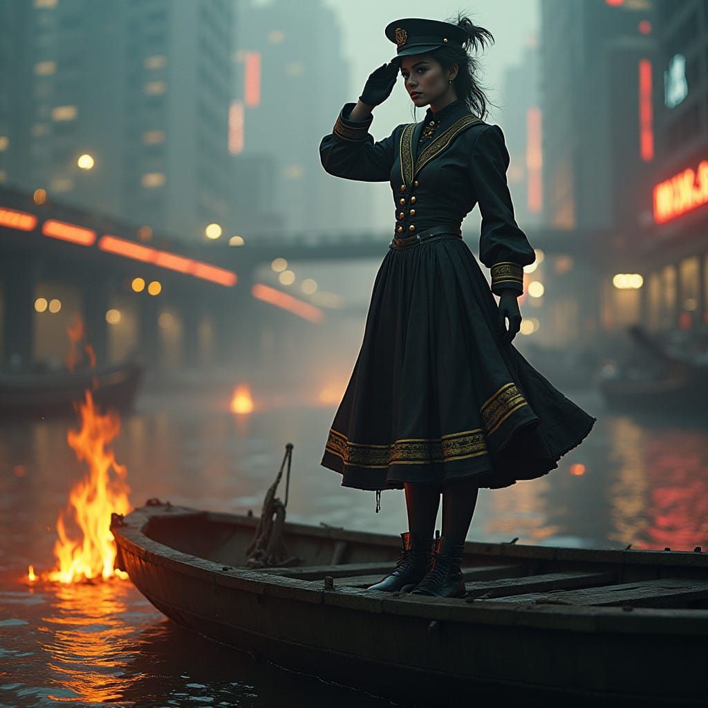 Cyberpunk Sailor Maiden Makes Last Stand on Burning Raft