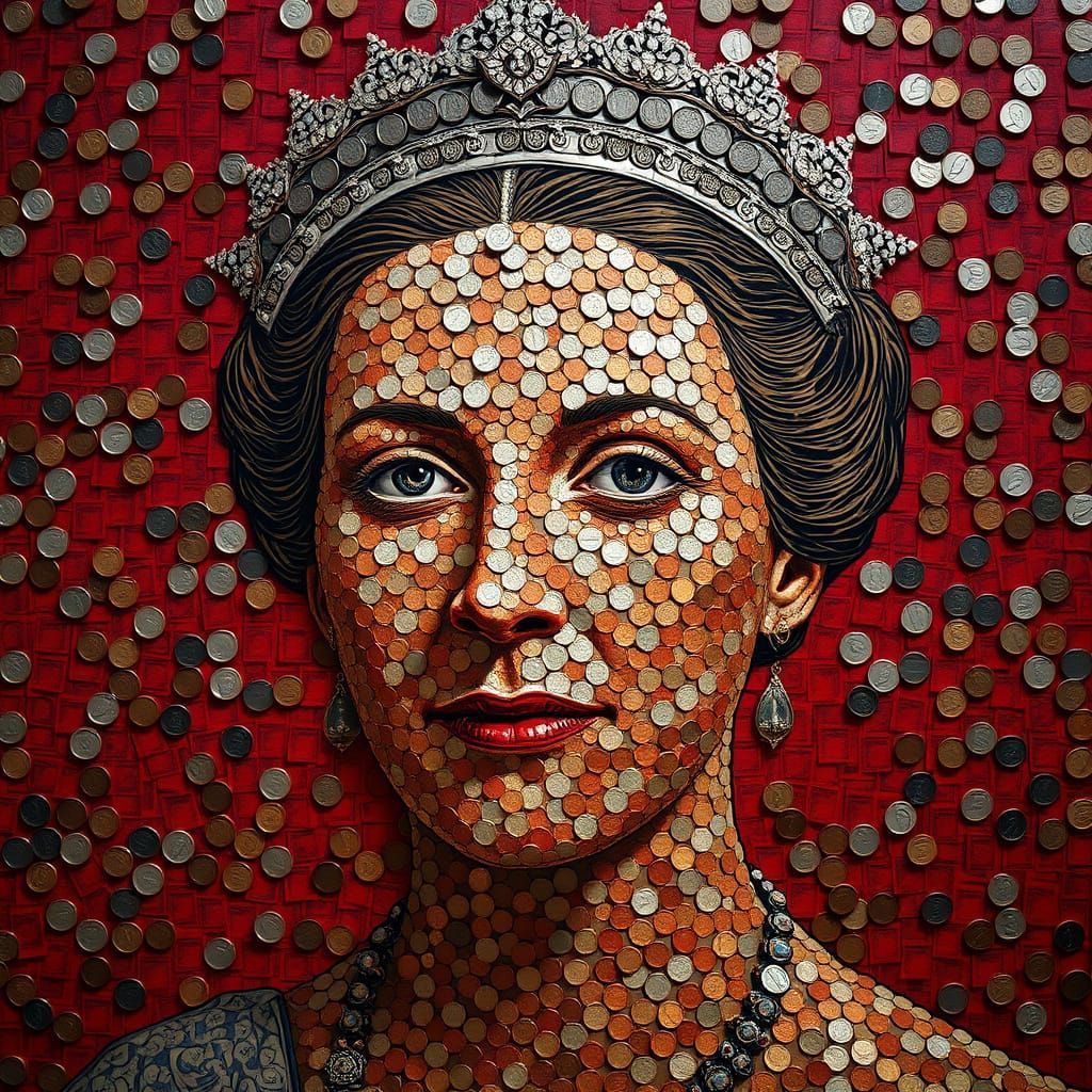 Regal Queen Mosaic Portrait Made From Coins