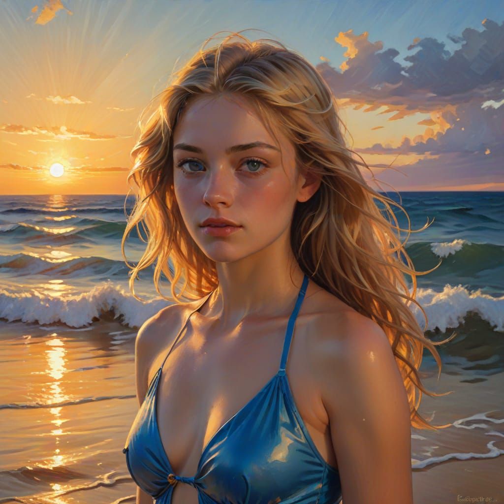 Teenage Girl in Blue Swimsuit by Ocean at Sunset