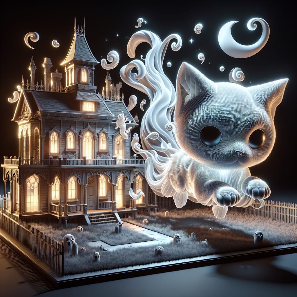 Ethereal Ghost Kitten in Cartoon Haunted House