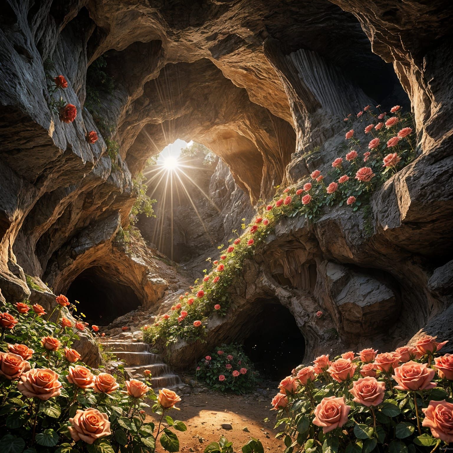 Sunlit Roses in a Realistic Underground Cavern