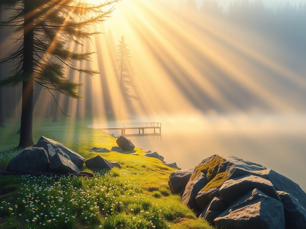 Serene Spring Morning Forest Lake with Golden Sunbeams